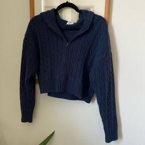 Aritzia Sunday Best navy cropped cable knit zip up hoodie